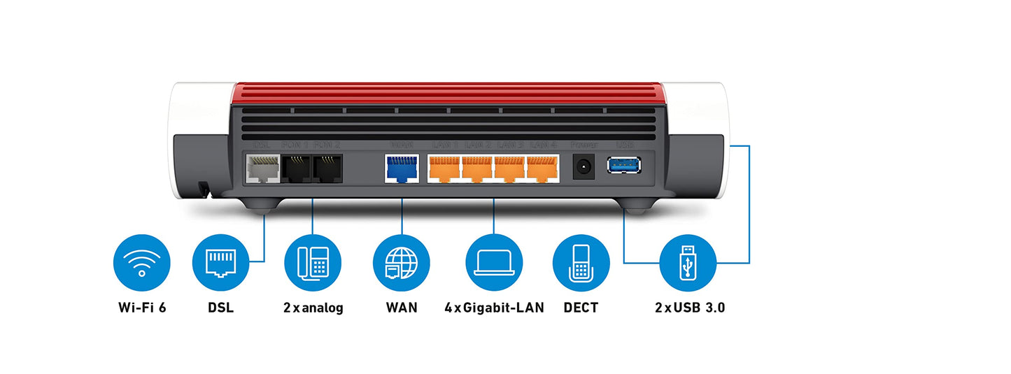 AVM FRITZ!Box 7590 AX (Wi-Fi 6, 2.400 + 1.200 Mbit/s, VDSL 300, Mesh, DECT, DE-Version) (Generalüberholt), Weiß