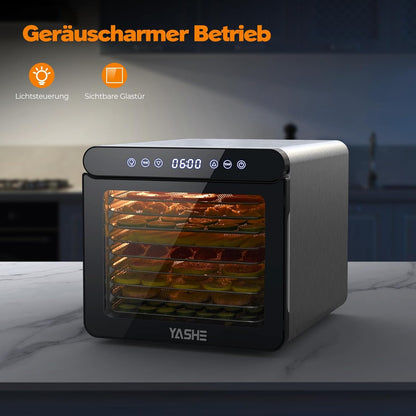 YASHE Stainless Steel Dehydrator with Digital Control (Temperature up to 75°C, Timer up to 48 Hours), 9 Trays Dehydrator for Fruit and Vegetables, Rear Fan for 360° Air Circulation, 800 W